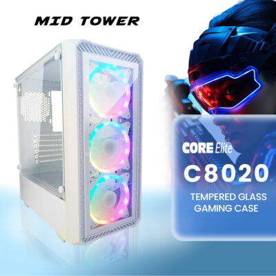 Core Elite C8020 Mid Tower Tempered Glass White Gaming Case
