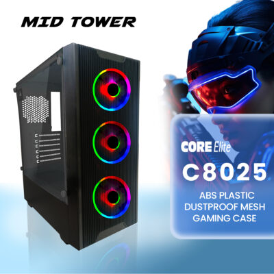 Core Elite C8025 Mid Tower Tempered Glass Black Gaming Case